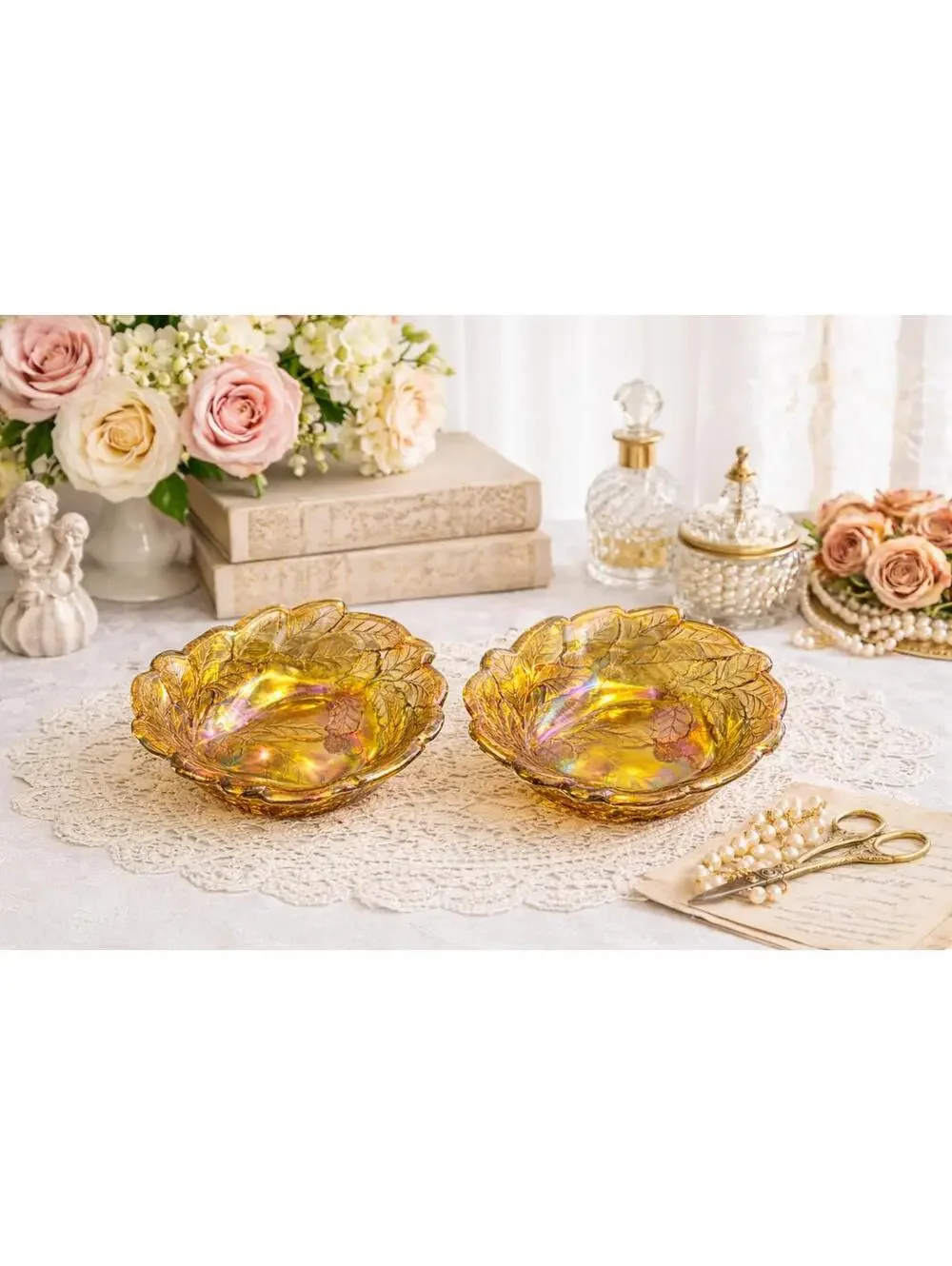 Vintage Indiana Glass Amber Carnival Glass Leaf Bowls Set of 2 1970s